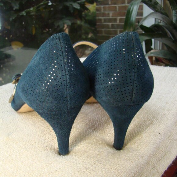daniele ancarani teal genuine suede leather Mary Jane medium heel pumps, S 8.5 - Picture 4 of 8